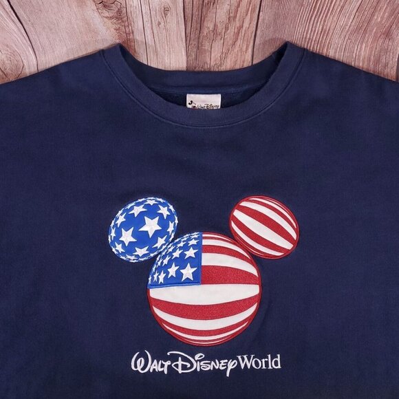 Vintage Walt Disney World XXXL Blue Mickey Mouse USA Flag Embroidered Sweatshirt - Picture 3 of 11